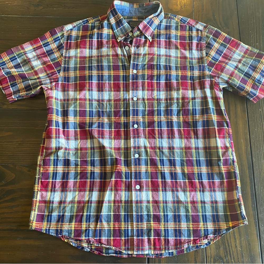 Pendleton Short Sleeve Button Down Shirt Red Blue Plaid Large